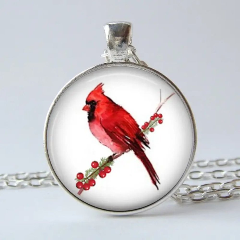 Silver RED BIRD Cardinal Christmas Cabochon Pendant Necklace - Picture 2 of 3